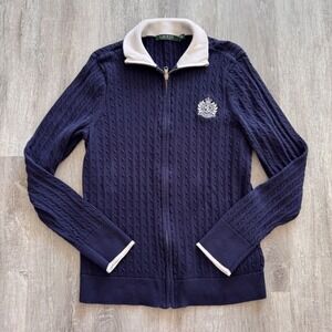 Lauren Ralph Lauren Blue Cable Knit Full Zip Crest Cardigan Sweater Womens XL